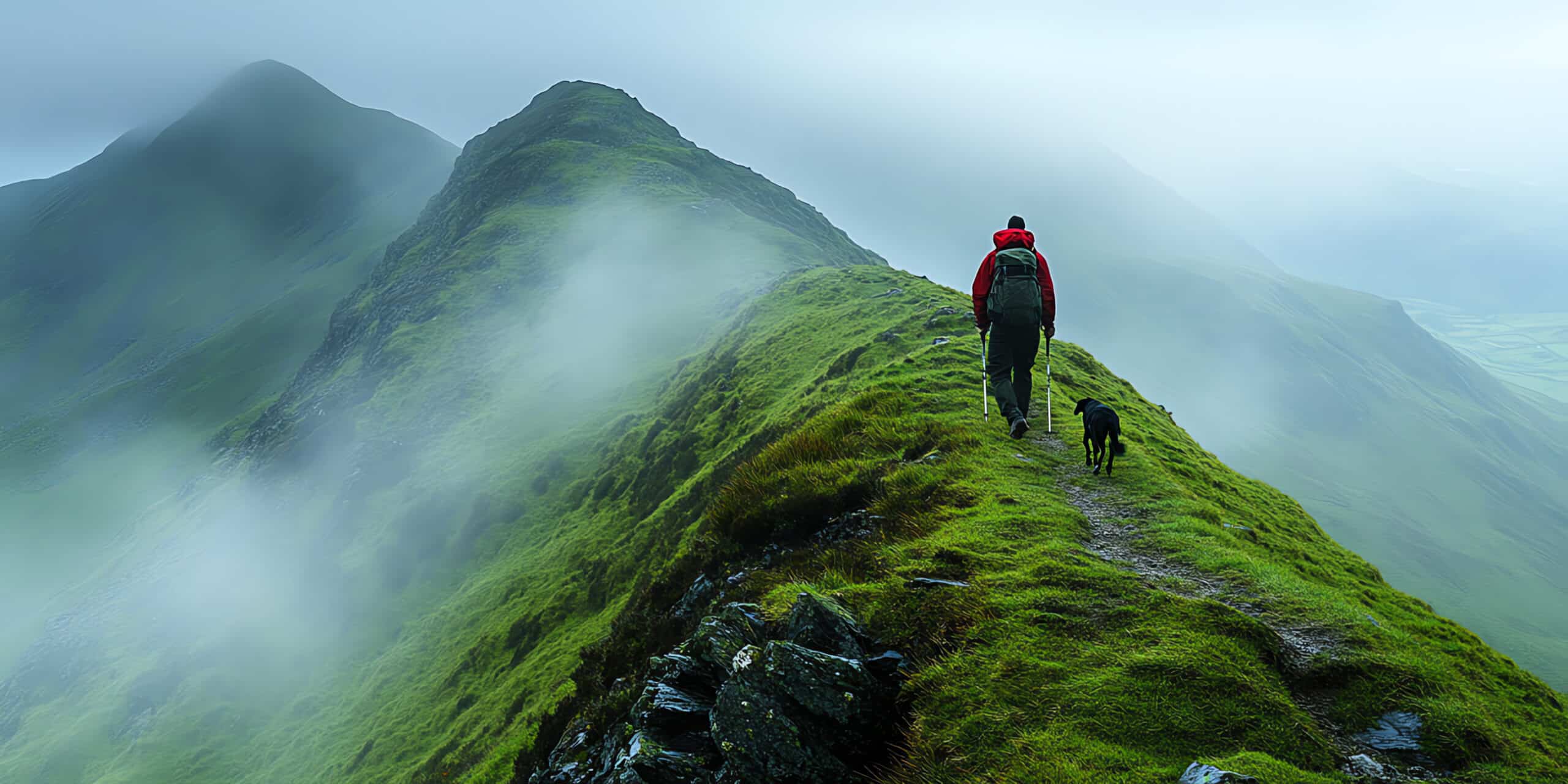 Wanderer mit seinem Hund auf einem Berg